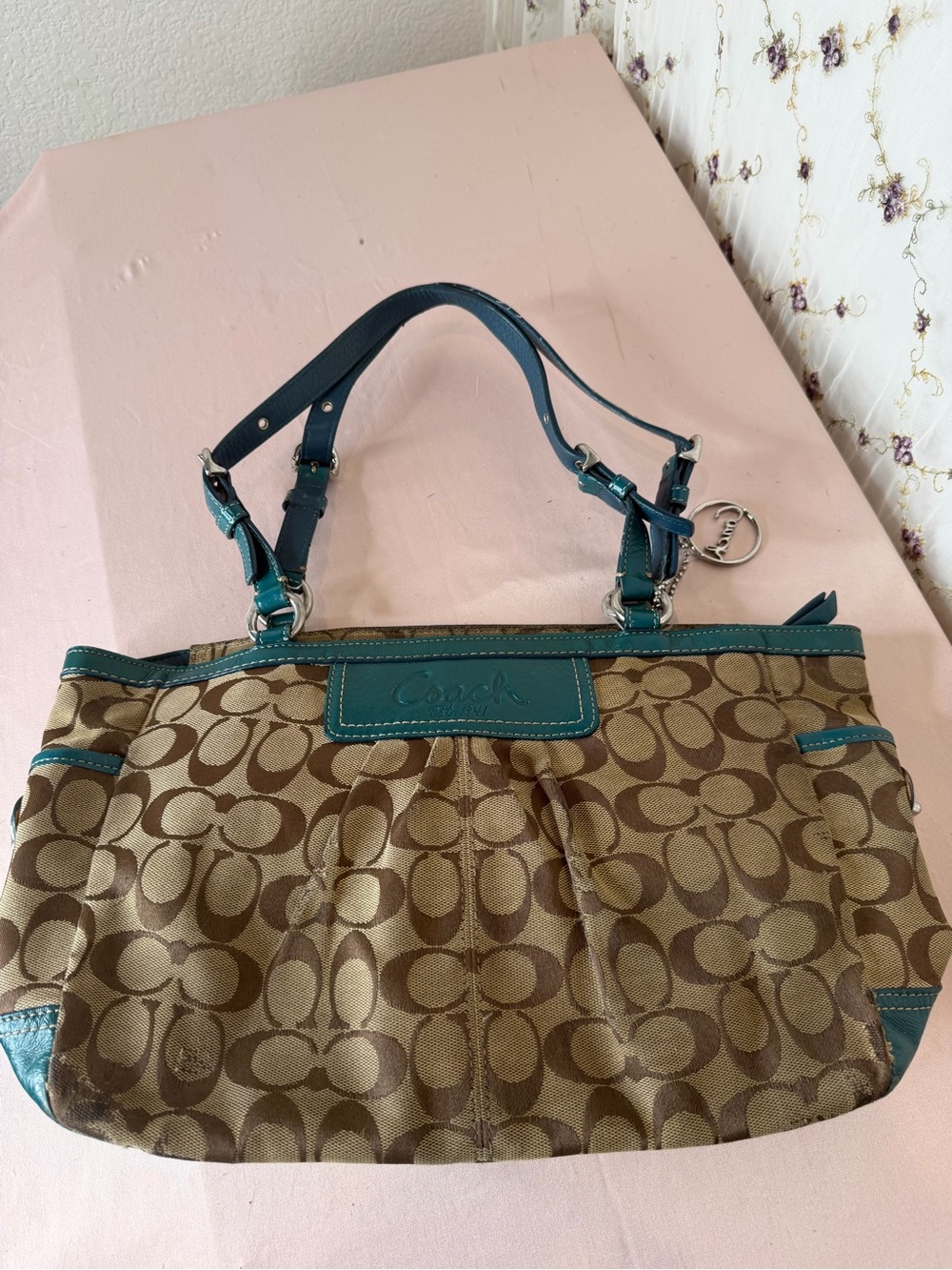 Coach Brown Signature Canvas Shoulder Bag with Teal Trim